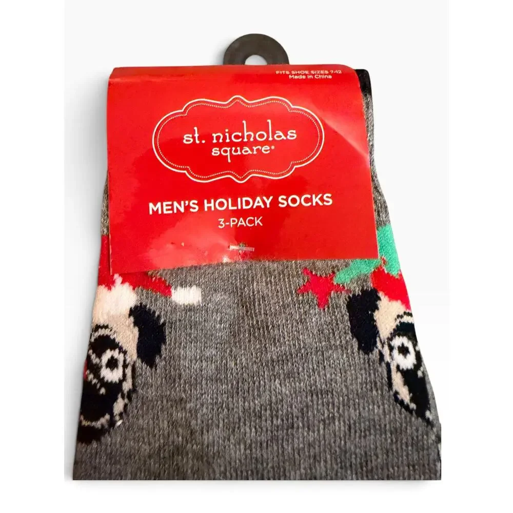 NWT St Nicholas Square Men’s Christmas Holiday Socks 3 Pack Pug Size 7-12